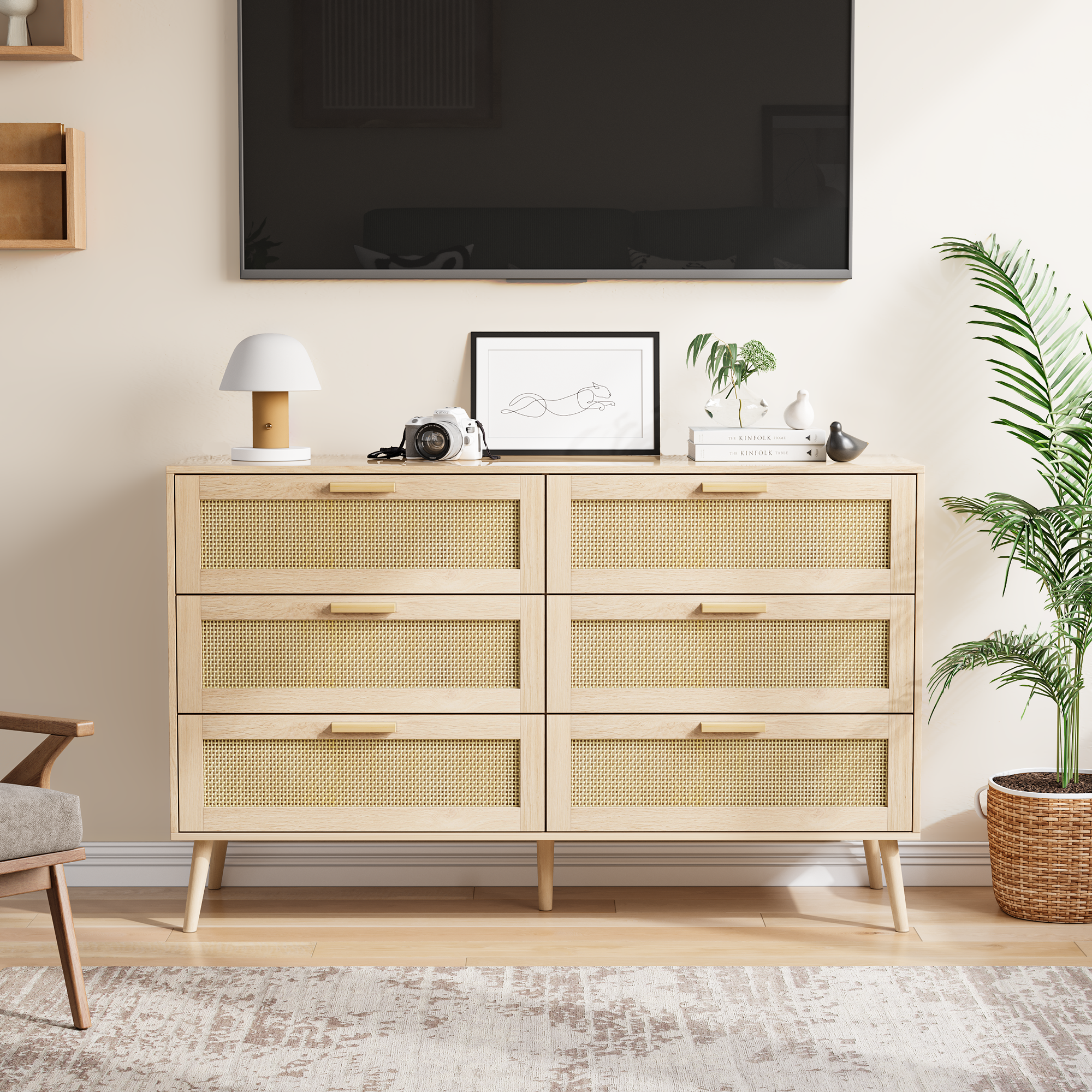 Rattan 6 Drawers Chest Of Dressers For Bedroom,  Modern 6 Drawer Dresser,  Wide Chest Of Drawers With Wood Handles,  Rattan Dresser Storage Cabinet For Living Room,  Bedroom,  Hallway - Grand Goldman Shop