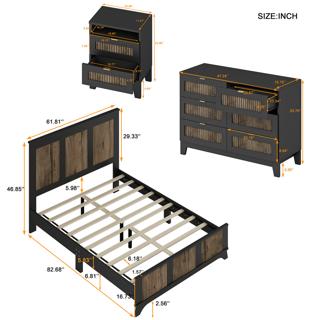 4-Pieces Bedroom Sets, Queen Size Farmhouse Platform Bed with Wooden Strip Stickers Decoration, Storage Nightstand and Dresser with Metal Handle, Black(Old SKU: HL000191AAB) - Grand Goldman Shop