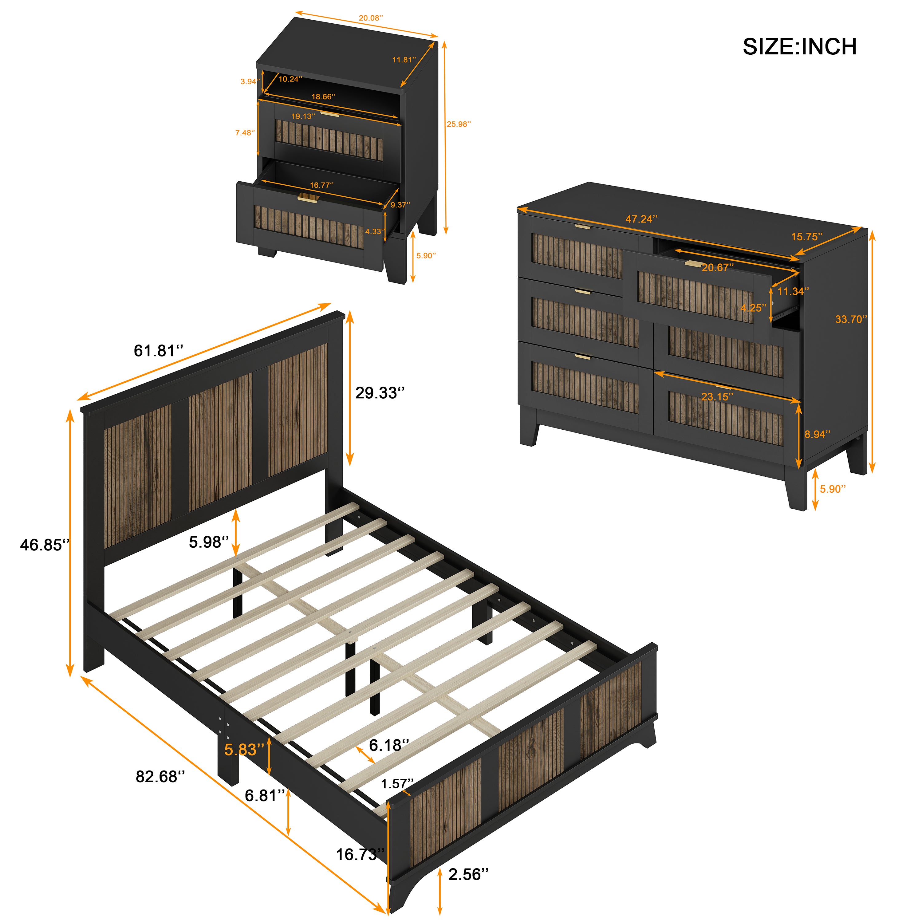 4-Pieces Bedroom Sets, Queen Size Farmhouse Platform Bed with Wooden Strip Stickers Decoration, Storage Nightstand and Dresser with Metal Handle, Black(Old SKU: HL000191AAB) - Grand Goldman Shop