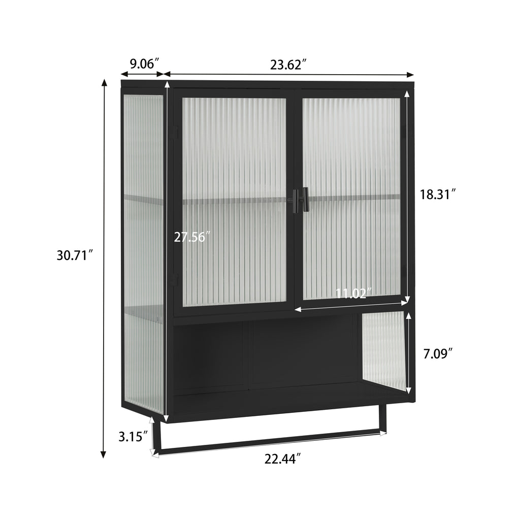 23.62'Glass Doors Modern Two-door Wall Cabinet with Featuring Two-tier Enclosed Storage, an Open Shelf, and Towel Rack, for Entryway Living Room Bathroom Dining Room,Black - Grand Goldman Shop