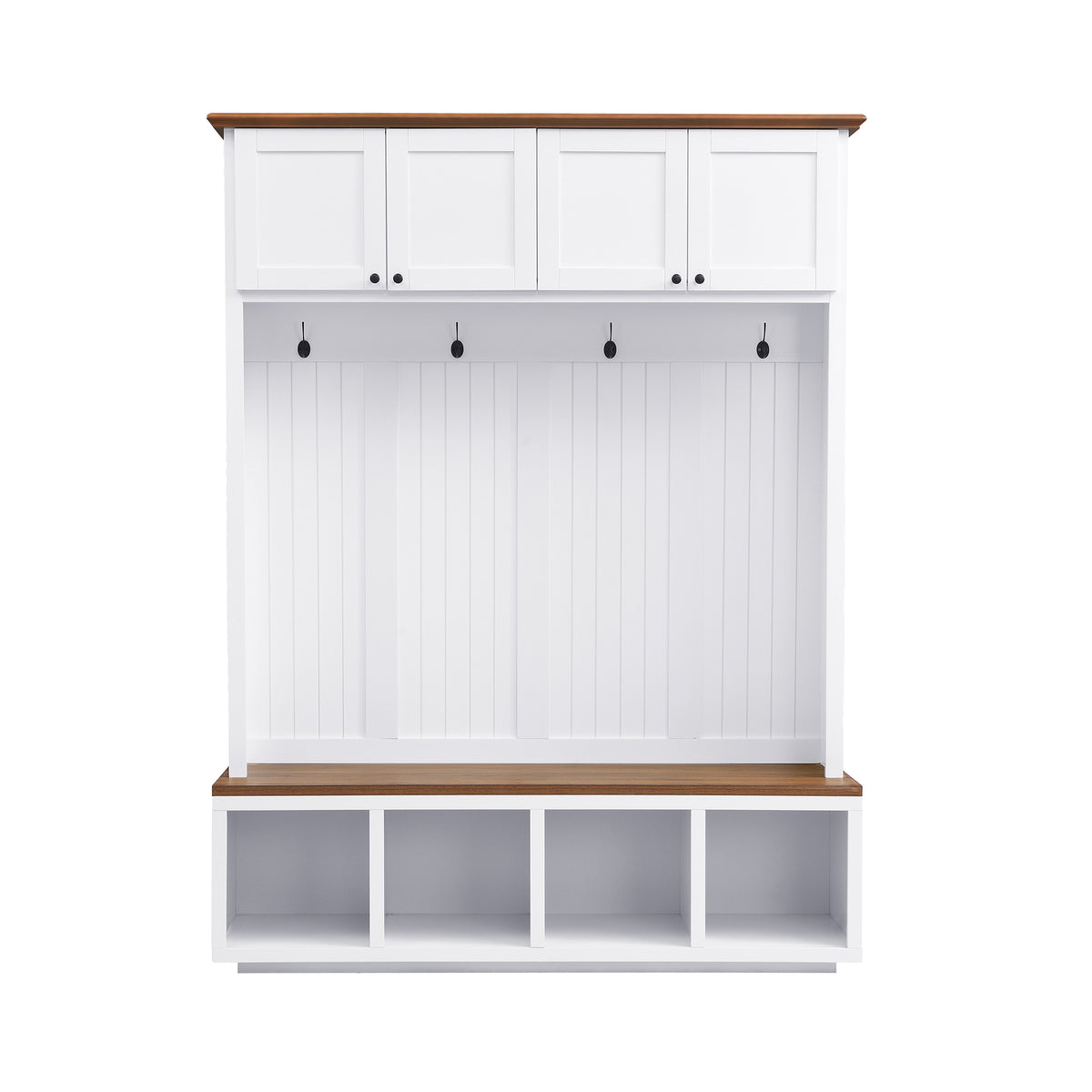 59''W Entryway Hall Tree with Bench and Storage, Farmhouse Wood-grain Accent 4-in-1 Hall Tree with Cabinets, Coat Racks and Hooks for Hallway, Entryway, living room and Mudroom - Grand Goldman Shop
