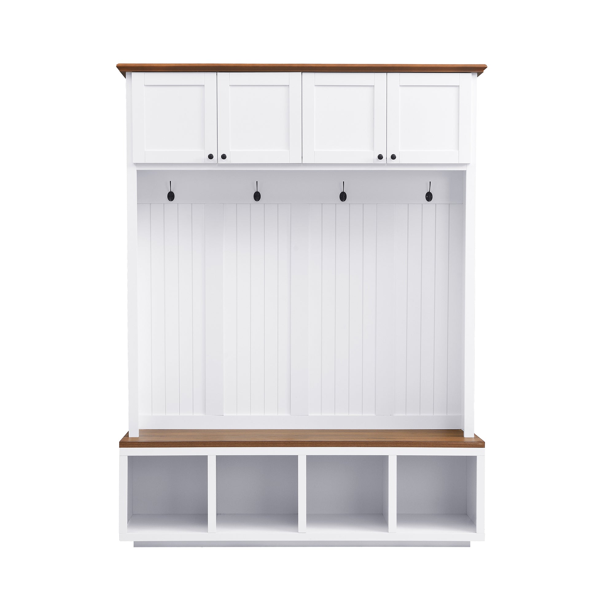 59''W Entryway Hall Tree with Bench and Storage, Farmhouse Wood-grain Accent 4-in-1 Hall Tree with Cabinets, Coat Racks and Hooks for Hallway, Entryway, living room and Mudroom - Grand Goldman Shop