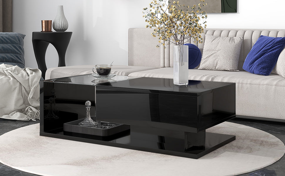 [VIDEO provided] ON-TREND Modern Coffee Table with Tempered Glass, Wooden Cocktail Table with High-gloss UV Surface, Modernist 2-Tier Rectangle Center Table for Living Room, Black - Grand Goldman Shop