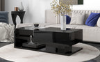 [VIDEO provided] ON-TREND Modern Coffee Table with Tempered Glass, Wooden Cocktail Table with High-gloss UV Surface, Modernist 2-Tier Rectangle Center Table for Living Room, Black - Grand Goldman Shop