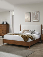 Walnut Color 3pc Bedroom Set Eastern King Size Bed 2x Nightstands Beige Upholstered Fabric Panel HB Mid-Century Modern Style - Grand Goldman Shop