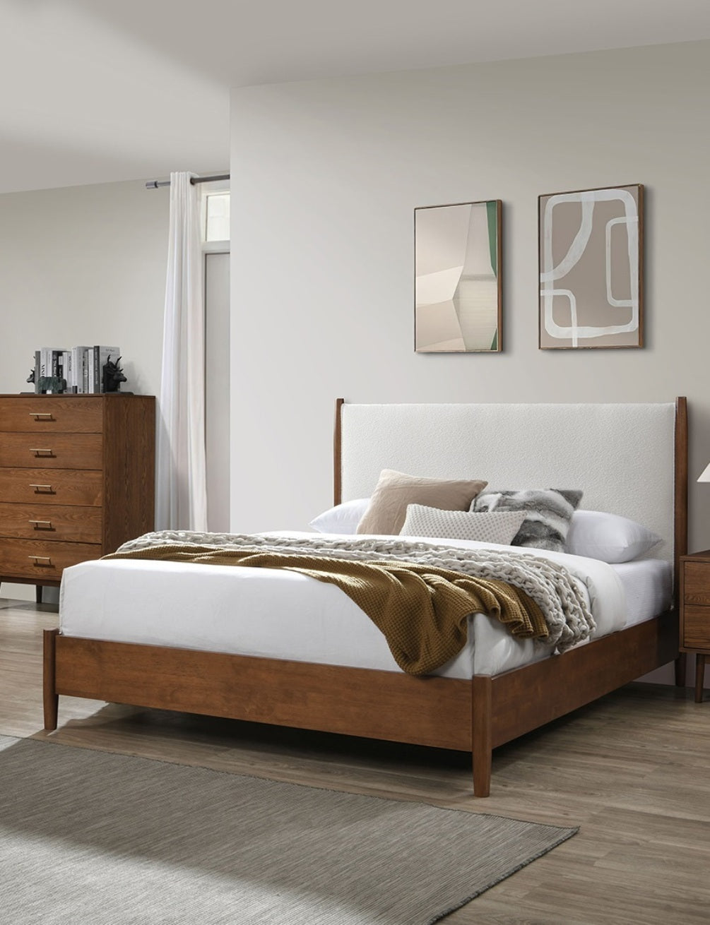 Walnut Color 3pc Bedroom Set Eastern King Size Bed 2x Nightstands Beige Upholstered Fabric Panel HB Mid-Century Modern Style - Grand Goldman Shop