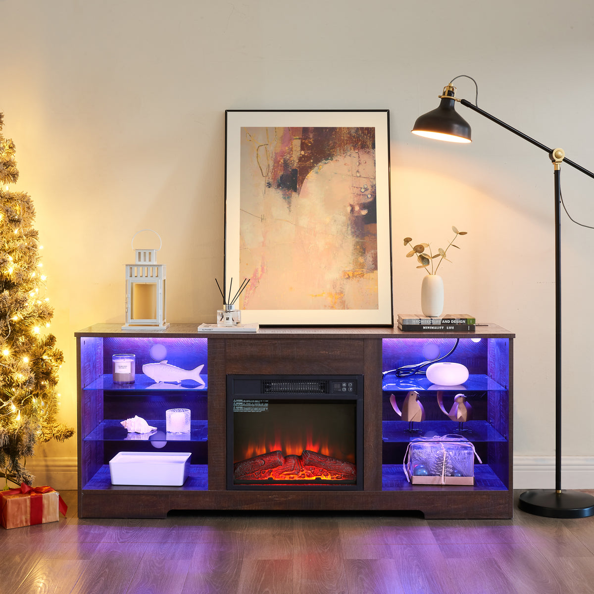TV Stand Electric Fireplace TV Stand with Glass Shelves, 3D Fireplace TV Stand with LED Lights Wood with USB Charging Outlet Modern Television Table Center for TV up to 32-62' ESP 58''W*15.4''D*24.6 - Grand Goldman Shop