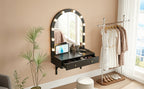 Floating Wall Mounted Makeup Vanity Desk with LED Mirror 3 Color Lights, Compact Dressing Table with Power Outlet & USB Charging, Space Saving Large Storage Vanity for Bedroom Bathroom, Black - Grand Goldman Shop