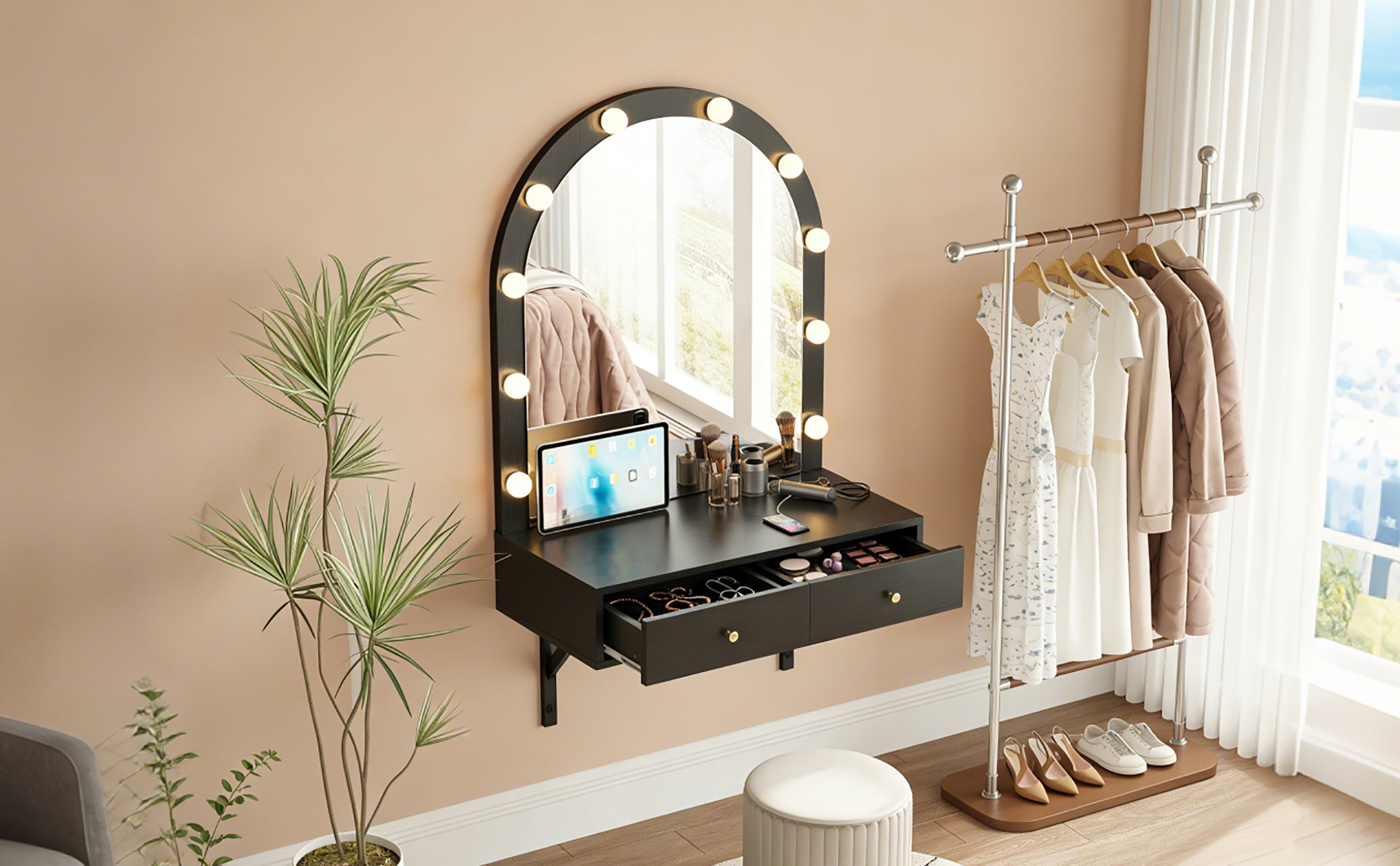 Floating Wall Mounted Makeup Vanity Desk with LED Mirror 3 Color Lights, Compact Dressing Table with Power Outlet & USB Charging, Space Saving Large Storage Vanity for Bedroom Bathroom, Black - Grand Goldman Shop