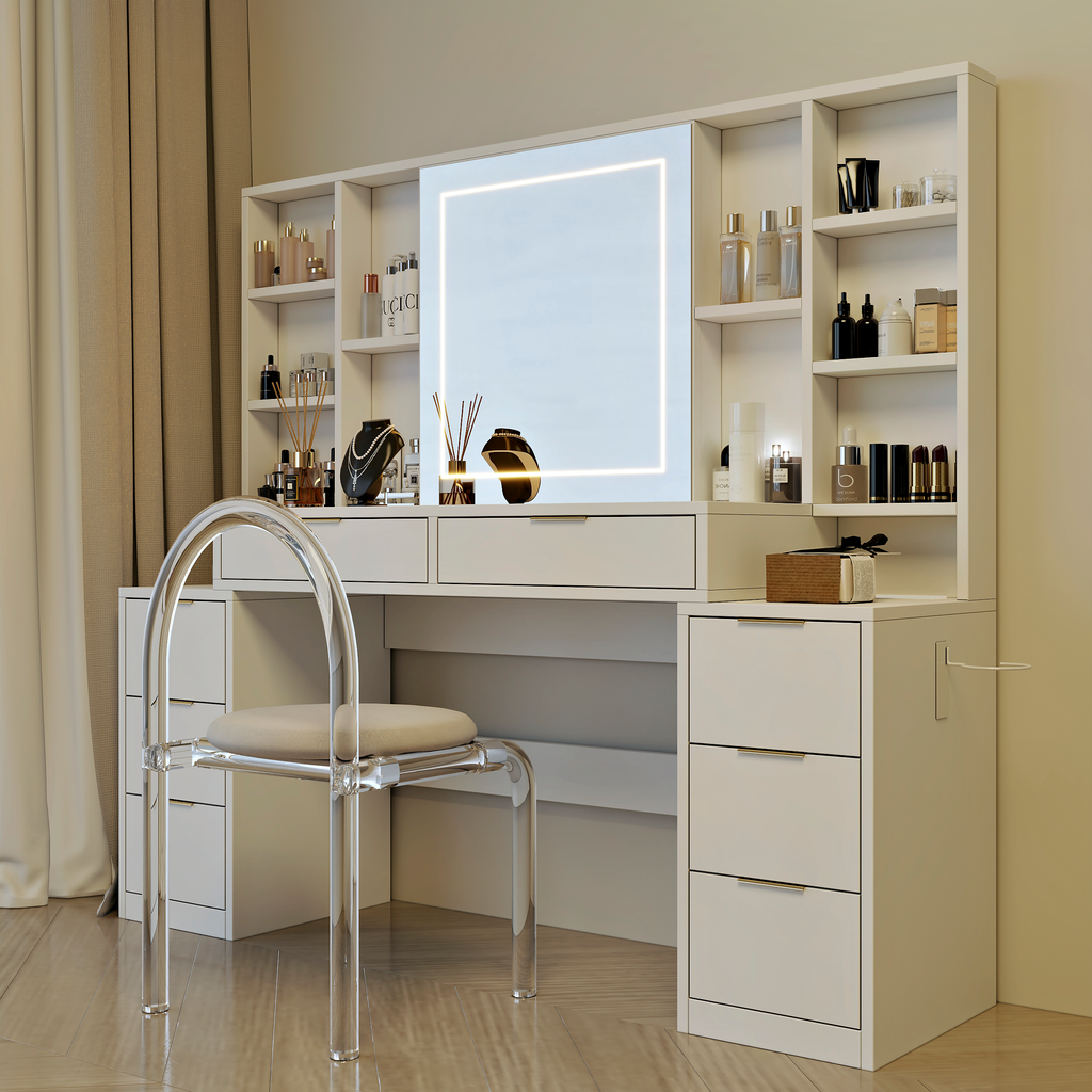 Makeup Vanity Desk with Mirror and Lights, 59' Large Vanity Table with 8Drawers & Open Storage Shelves, Brightness Adjustable, Dressing Table for Bedroom, Women and Girl - Grand Goldman Shop