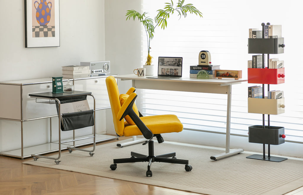 Modern Yellow Linen Criss Cross Armrest Office Chair with Wheels - Ergonomic Design for Home Office, Work & Study | Premium H