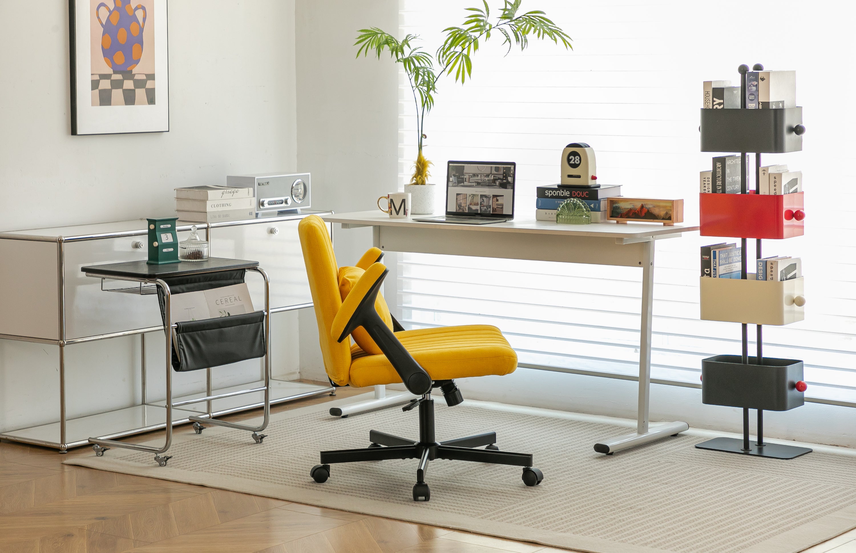Modern Yellow Linen Criss Cross Armrest Office Chair with Wheels - Ergonomic Design for Home Office, Work & Study | Premium H