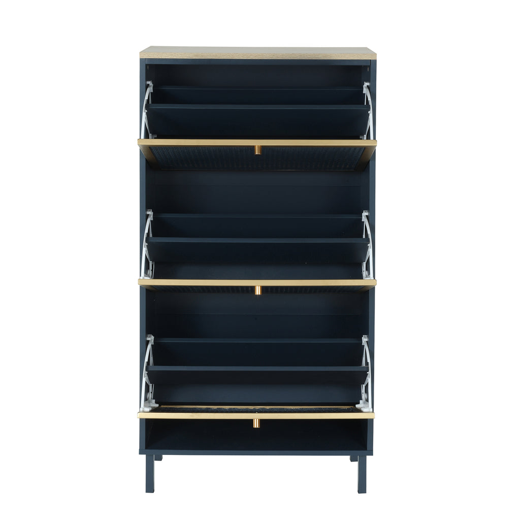 3-Door Metal Shoe Rack, Freestanding Modern Shoe Storage Cabinet with Metal Rattan - Blue-Gray Particle Board - For Entryway - Grand Goldman Shop