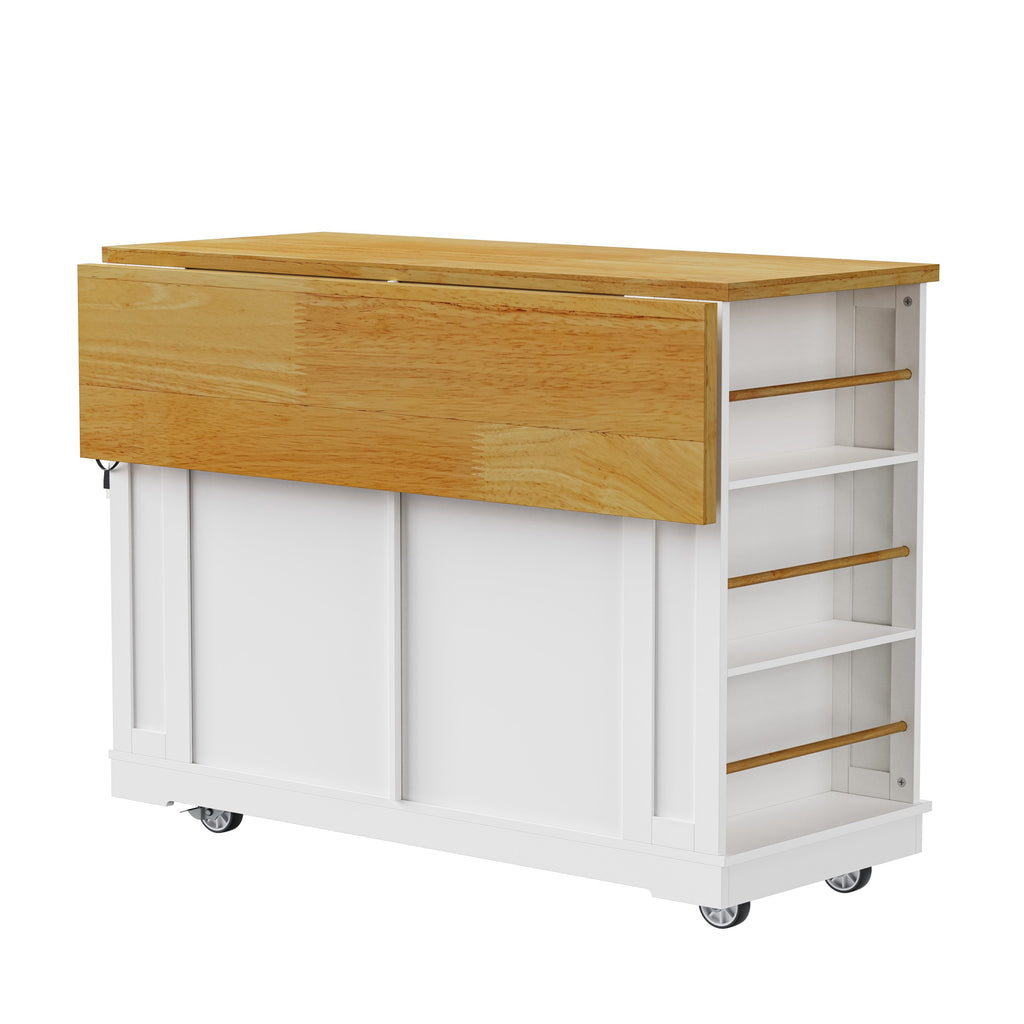 48 inch Kitchen Island with Drop Leaf,Power Outlet,Internal Storage Rack,Rolling Kitchen Storage Cart on 5 Wheels with 5 Open Side Racks for Kitchen,White (Old SKU N707P257057W)(Not Include Stools) - Grand Goldman Shop
