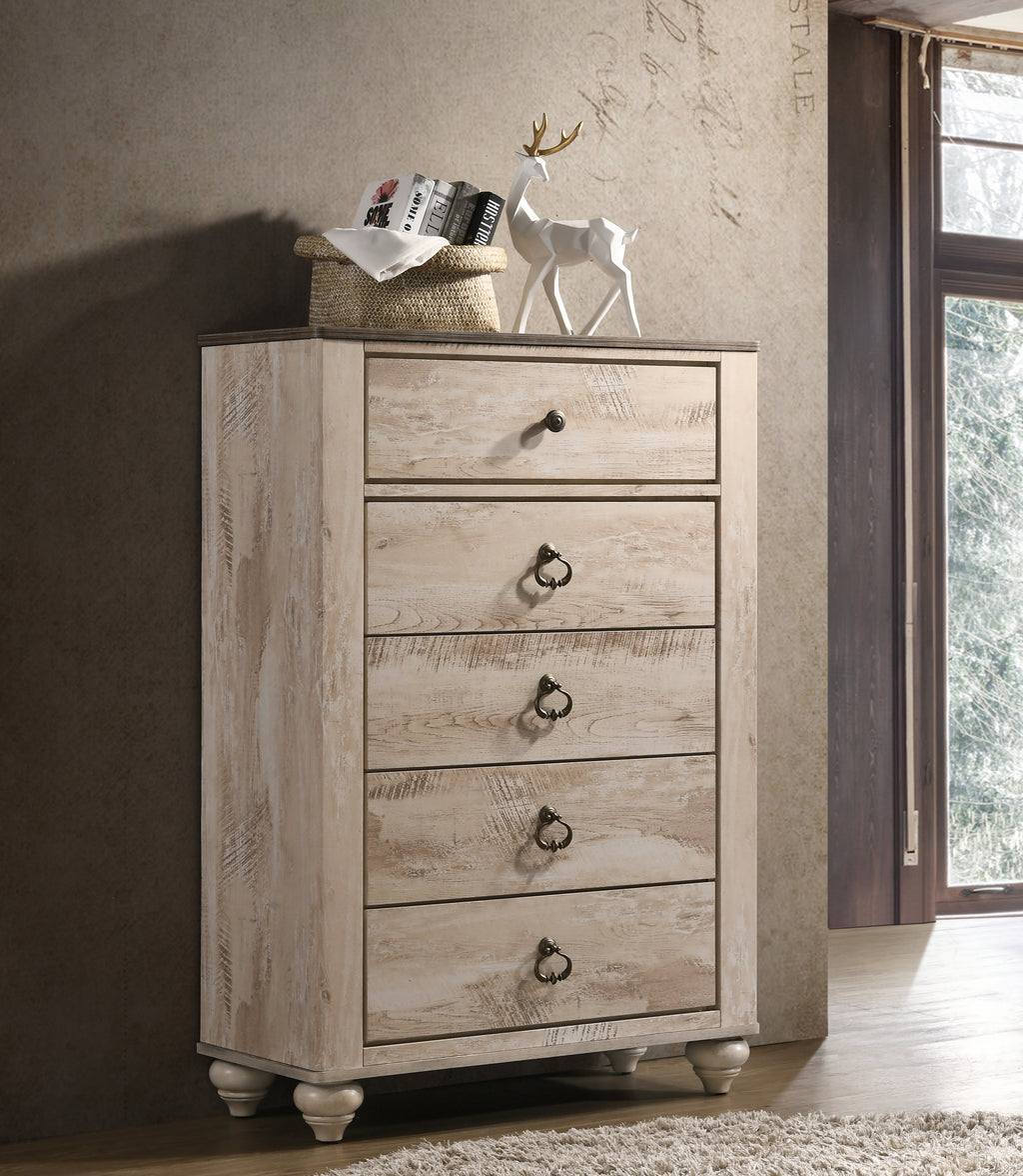 Imerland Contemporary White Wash Finish Bedroom 6-piece Set, Queen Bed, Dresser, Mirror, 2 Nightstands, Chest - Grand Goldman Shop