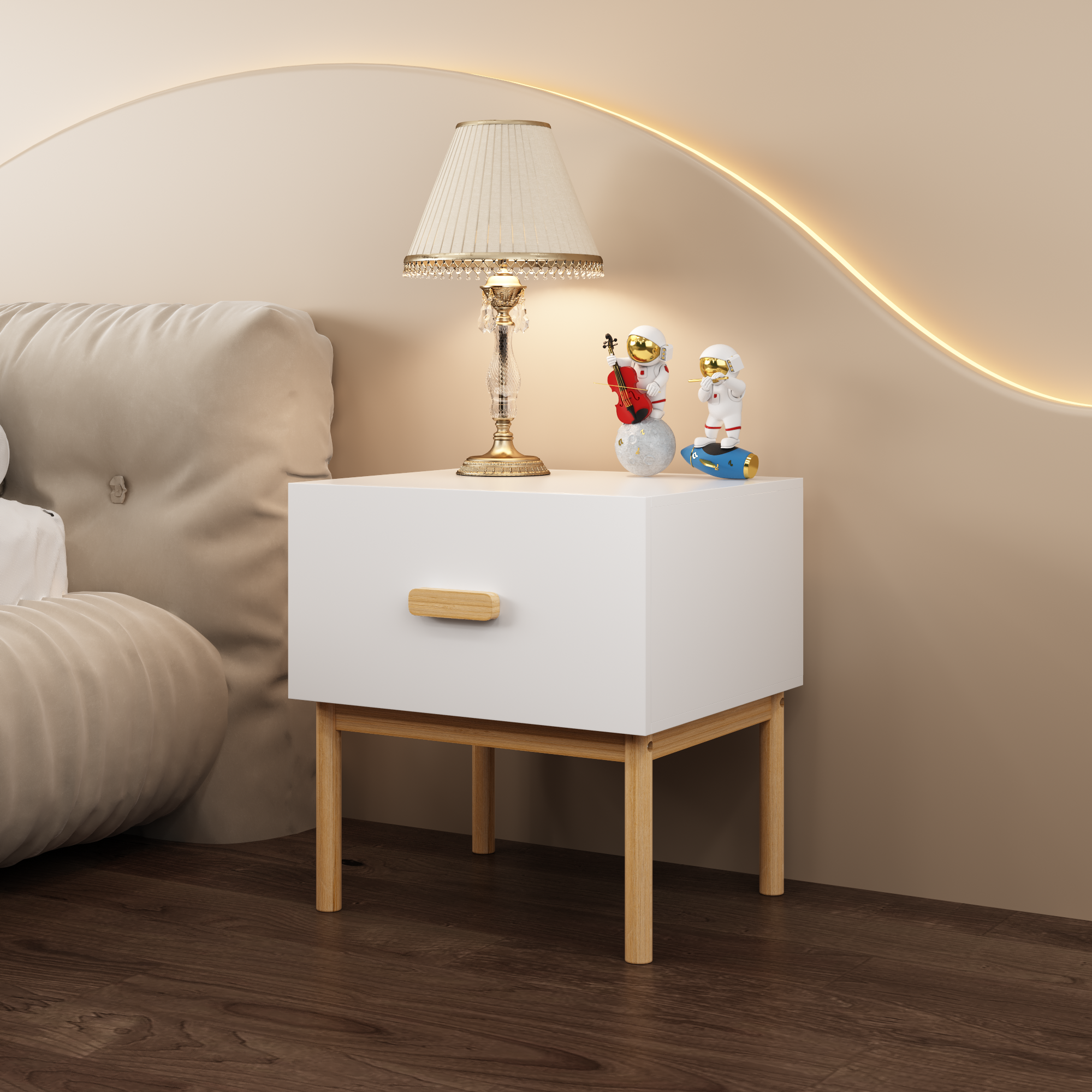 Modern White Nightstand with Drawer and Wood Legs, Minimalist Bedside Table with Handle for Bedroom, Living Room, Apartment - Grand Goldman Shop