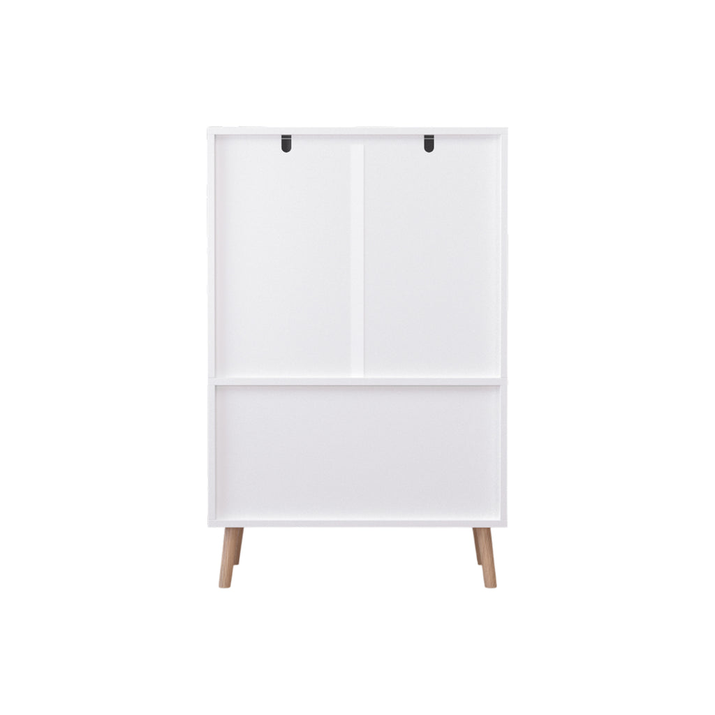 Kids Toy Storage Cabinet with Doors and Open Shelf, White Modern Wooden Organizer with Natural Wood Legs, Toddler Bookshelf f