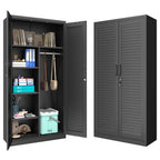 Wide & Deep Metal Storage Cabinet with Hanging Rod,Black Broom Closet Storage Cabinet with Lock, Tall Wardrobe Cabinets with 