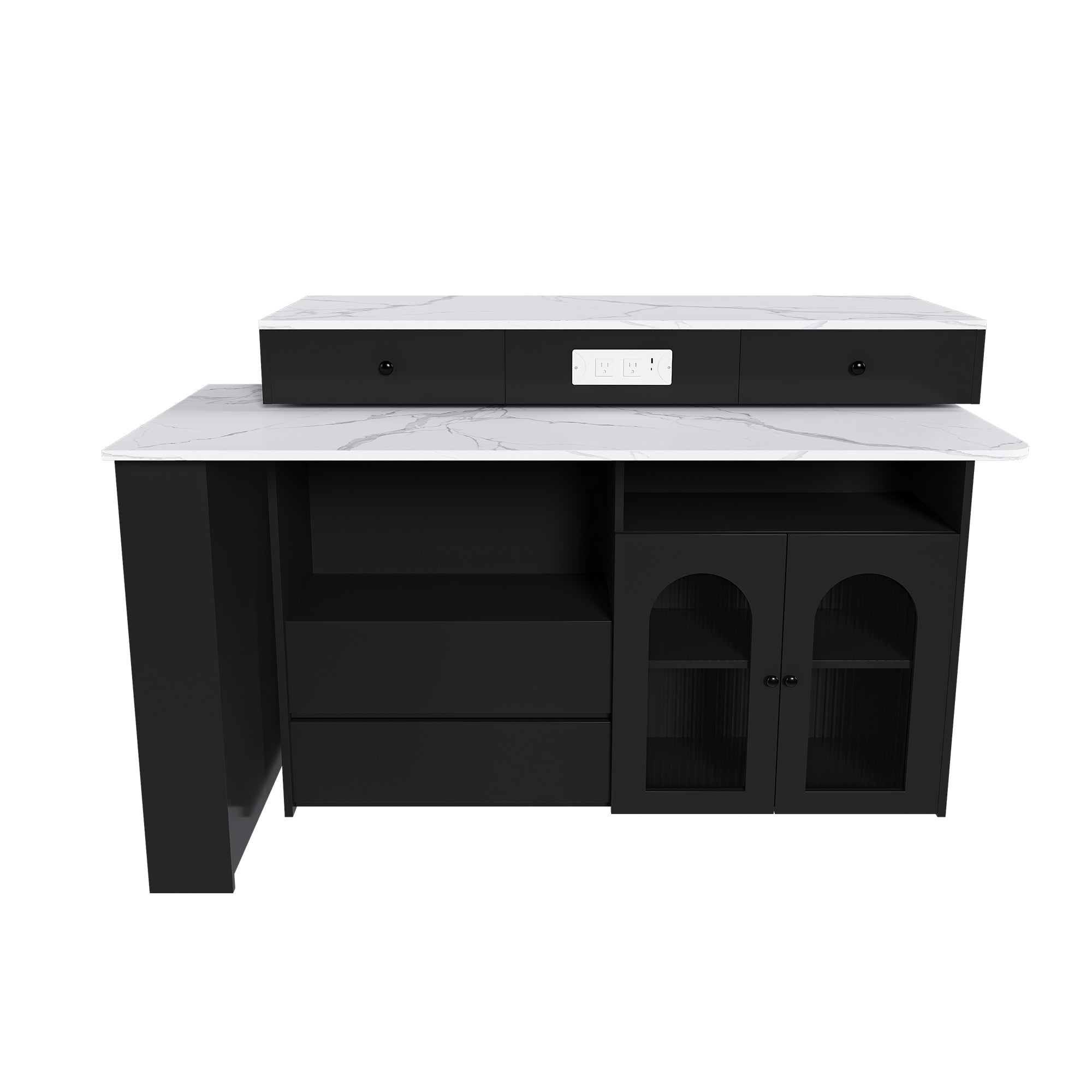 Retro Kitchen Island with Extendable Rotating Table, Black Marble Veneer on MDF, 4 Drawers & Glass Door Cabinets, Built-in Socket, Fits 2-4 People - Grand Goldman Shop