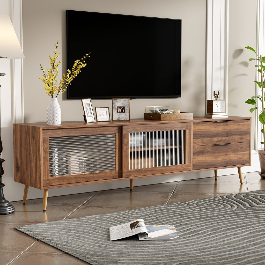 Modern Walnut TV Stand for 75+ TV, 70' Media Console with 2 Glass Doors, 2 Drawers & Storage Cabinet, MDF and Solid Wood Construction - Grand Goldman Shop