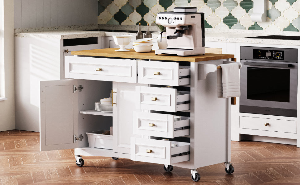K&K 52'' Kitchen Island with Drop Leaf, Embossed Texture Kitchen Island on Wheels with Spice Rack, Towel Rack, 2 Doors and 5 Drawers, Kitchen Storage Cart with Adjustable Shelf for Kitchen, White - Grand Goldman Shop