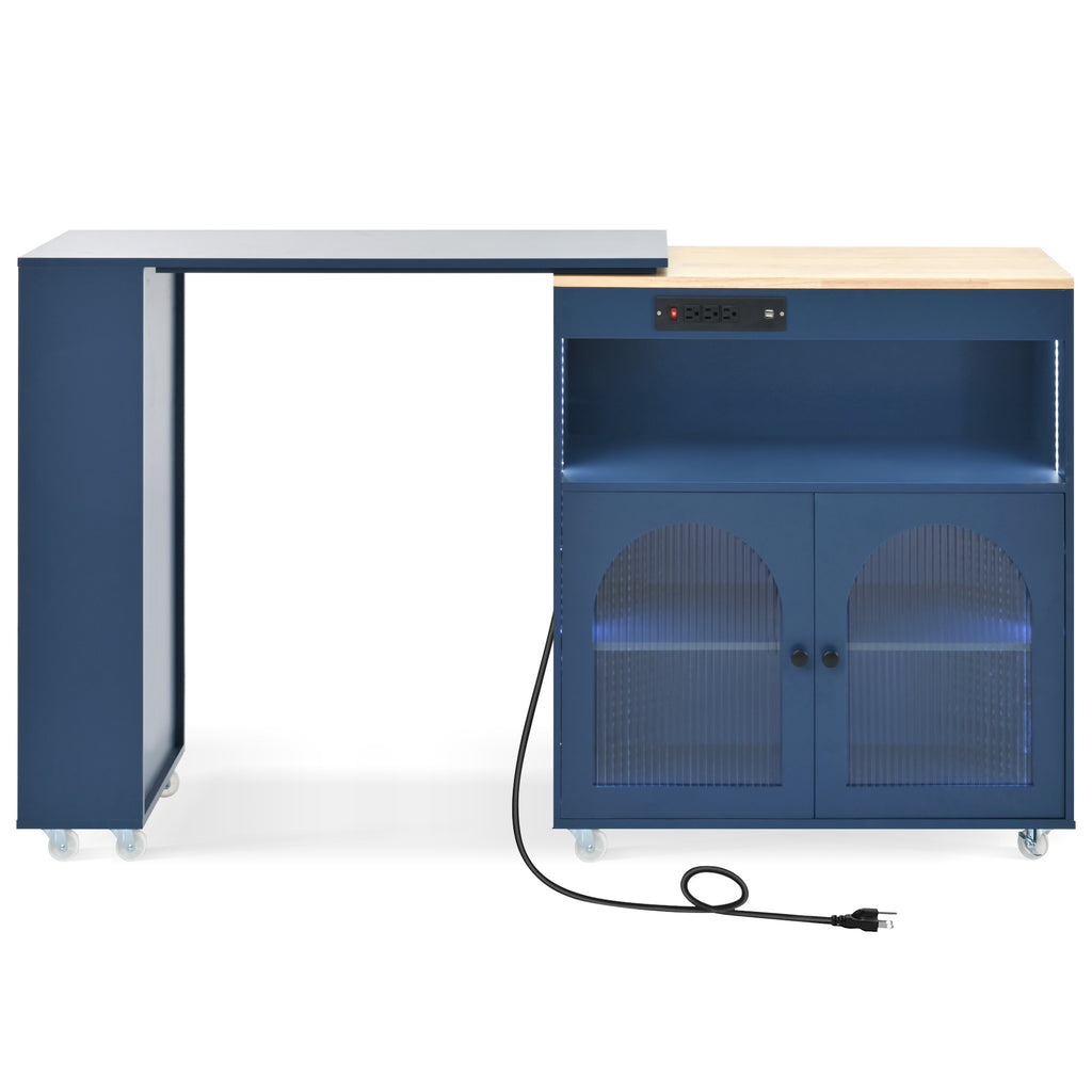 K&K Rolling Kitchen Island With Extended Table, Kitchen Island on Wheels with LED Lights,Power Outlets and 2 Fluted Glass Doors, Kitchen Island with a Storage Compartment and Side 3 Open Shelves, Navy - Grand Goldman Shop
