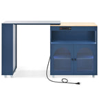K&K Rolling Kitchen Island With Extended Table, Kitchen Island on Wheels with LED Lights,Power Outlets and 2 Fluted Glass Doors, Kitchen Island with a Storage Compartment and Side 3 Open Shelves, Navy - Grand Goldman Shop