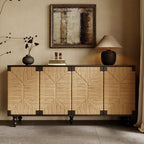 Accent Natural Sideboard Buffet Cabinet Storage Wood TV Stand in Wire-Brushed and Seagrass Doors Sideboard, for Hallway, Entryway or Dining Room - Grand Goldman Shop