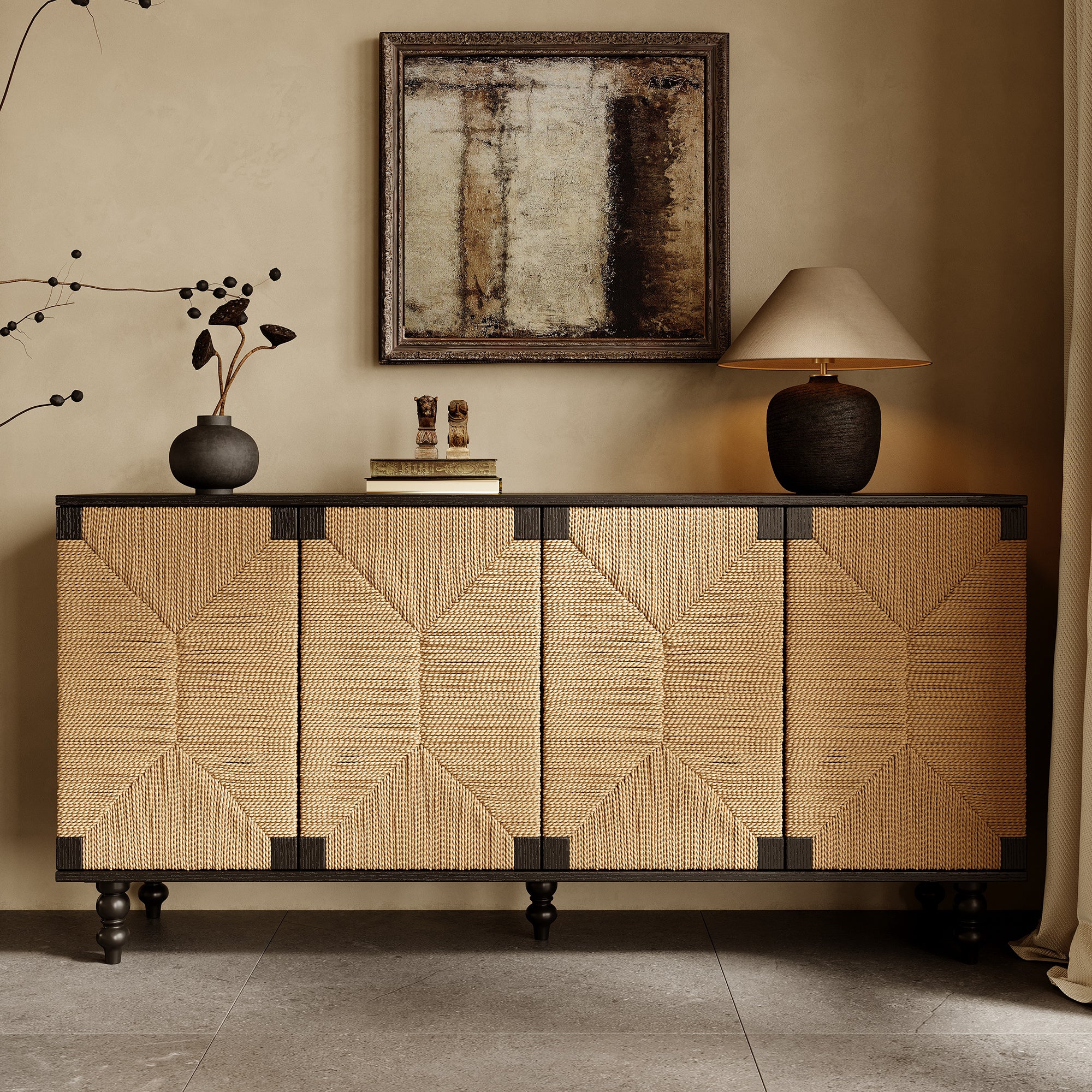 Accent Natural Sideboard Buffet Cabinet Storage Wood TV Stand in Wire-Brushed and Seagrass Doors Sideboard, for Hallway, Entryway or Dining Room - Grand Goldman Shop