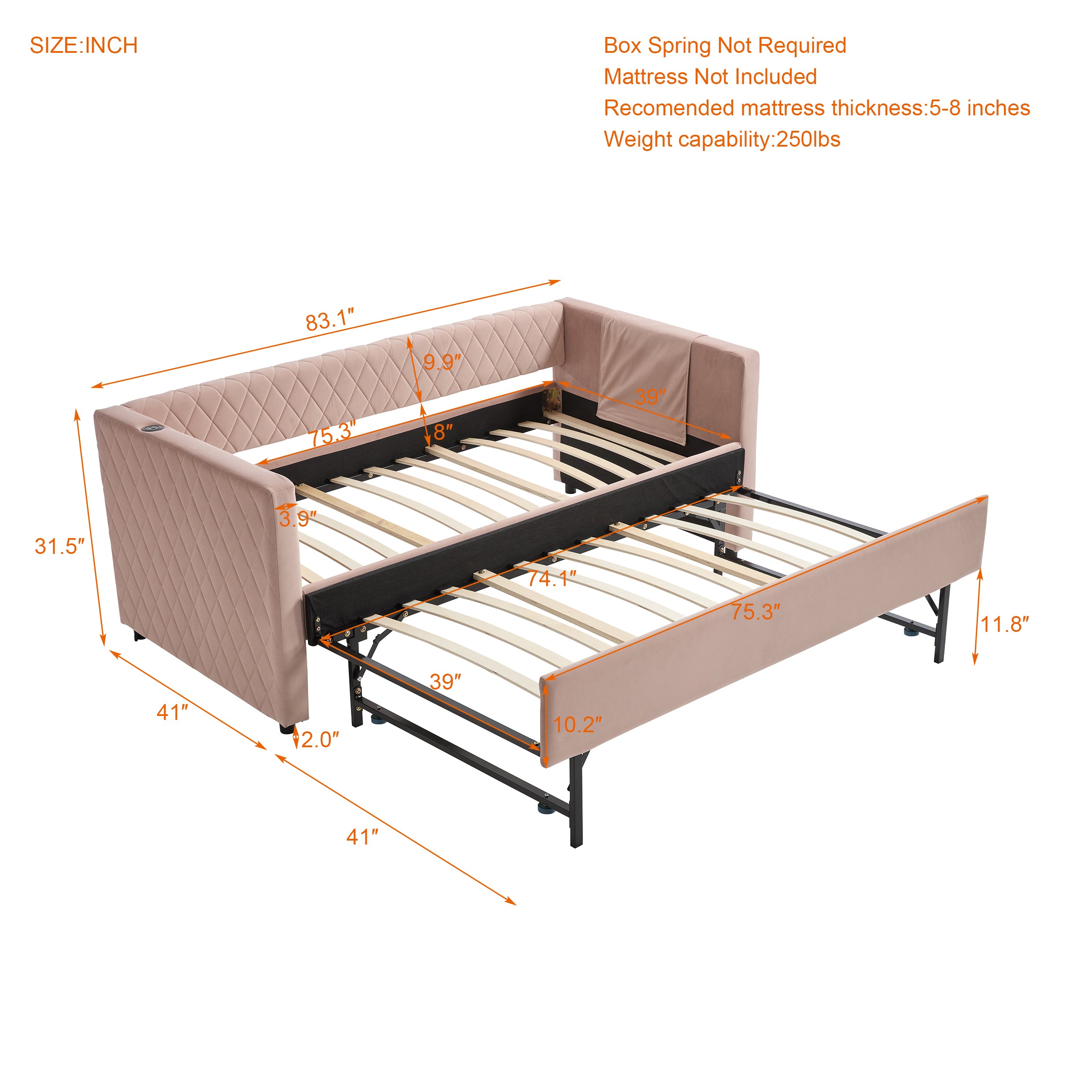 Pink velvet daybed, sturdy wooden bed frame, modern diamond grid pull-out design, perfect for bedroom, living room furniture - Grand Goldman Shop
