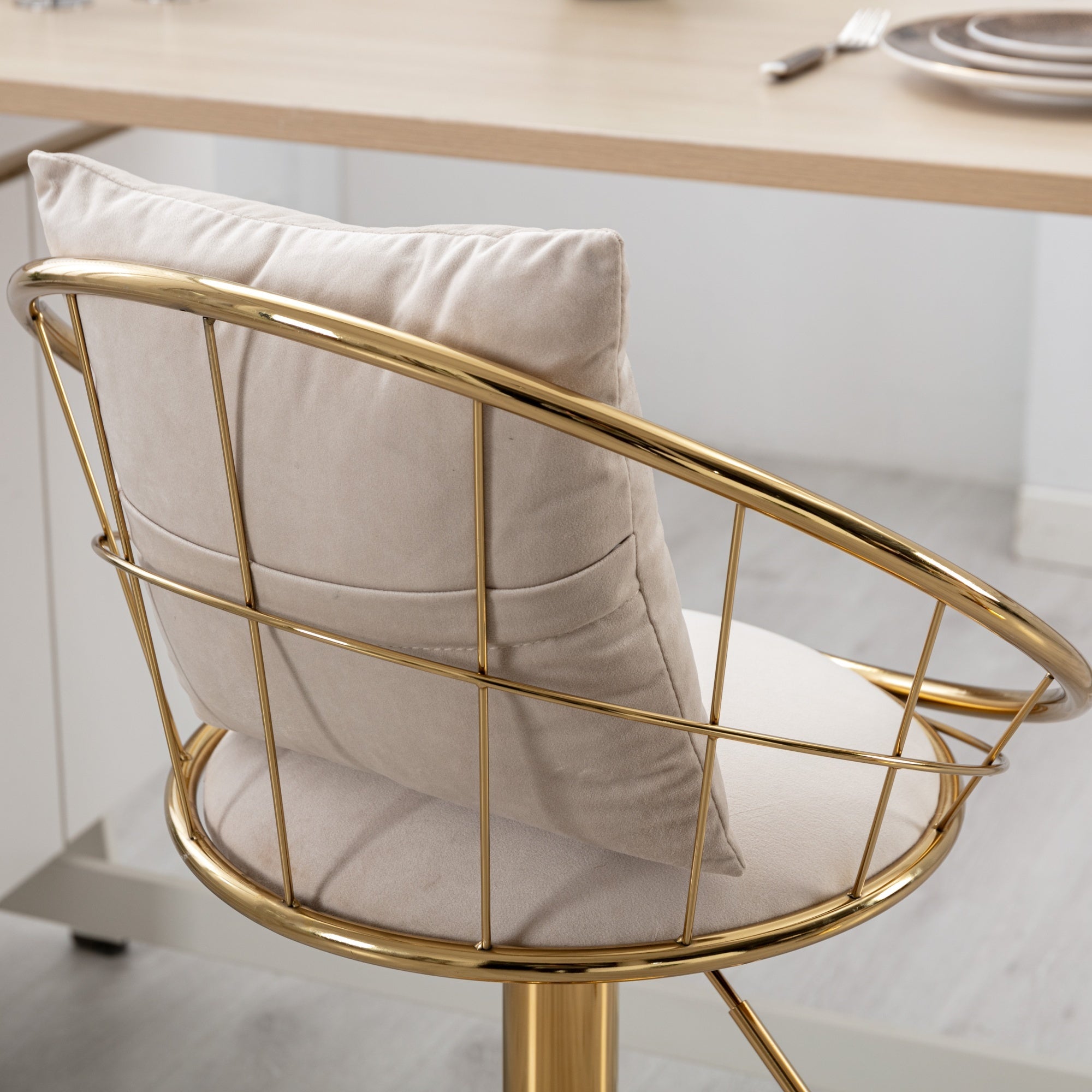 Off-White Velvet Bar Chair, Pure Gold Plated, Unique Design, 360-Degree Rotation, Adjustable Height, Suitable for Dining Room and Bar, Set of 2 - Grand Goldman Shop