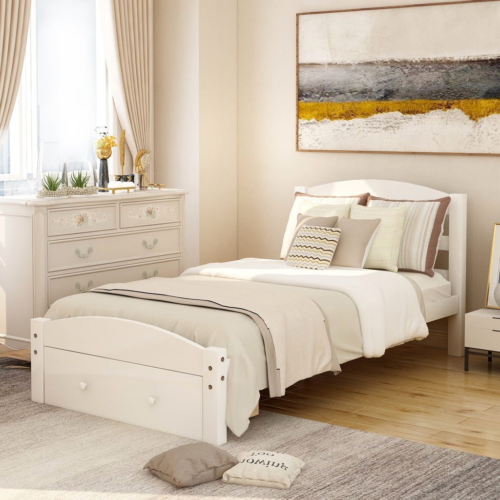 Classic Pine Wood Platform Twin Bed Frame with Storage Drawer, White Finish, No Box Spring Needed - Grand Goldman Shop