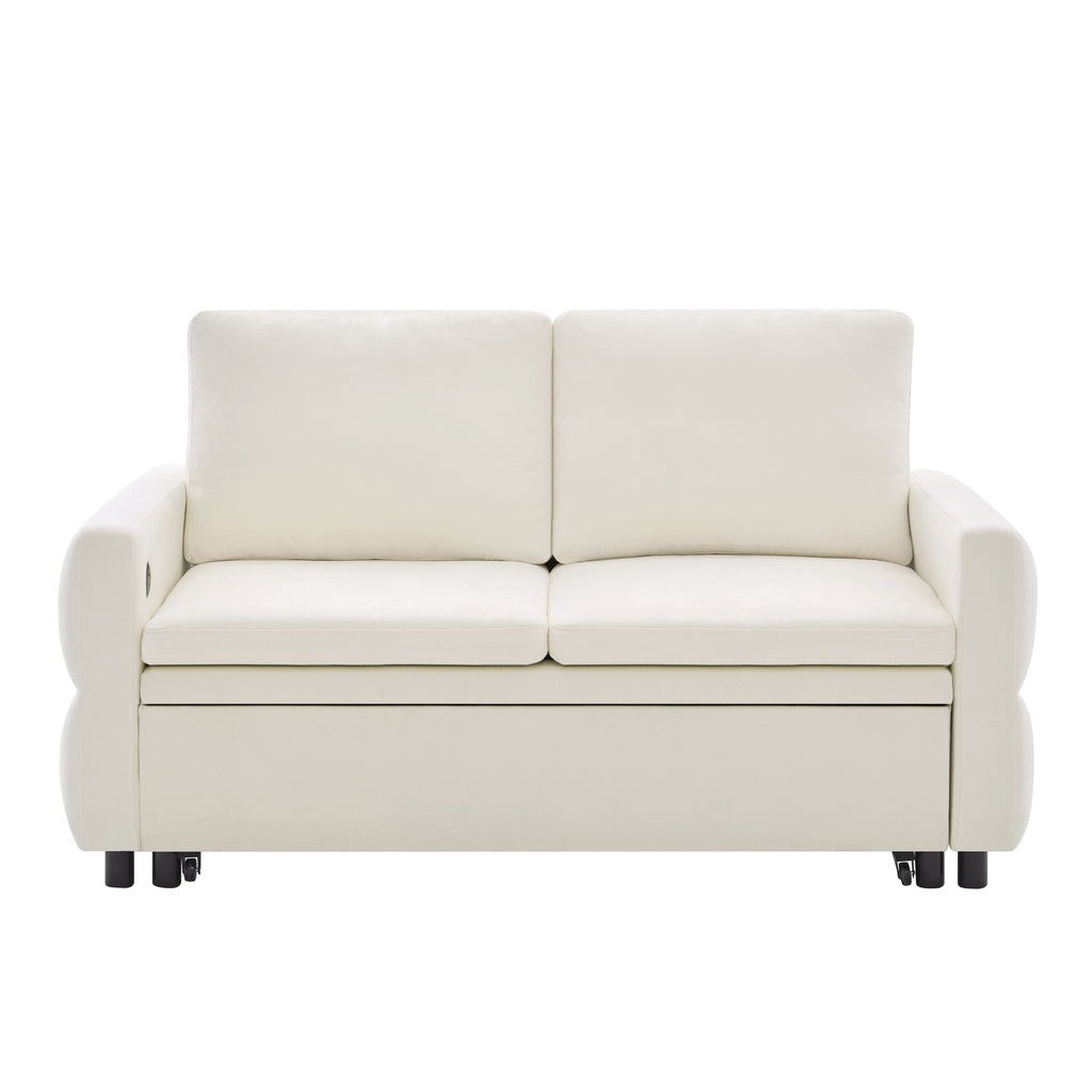 Convertible Sofa Bed 62.75' Loveseat with Adjustable Backrest and USB Ports in Beige Chenille Fabric - Grand Goldman Shop