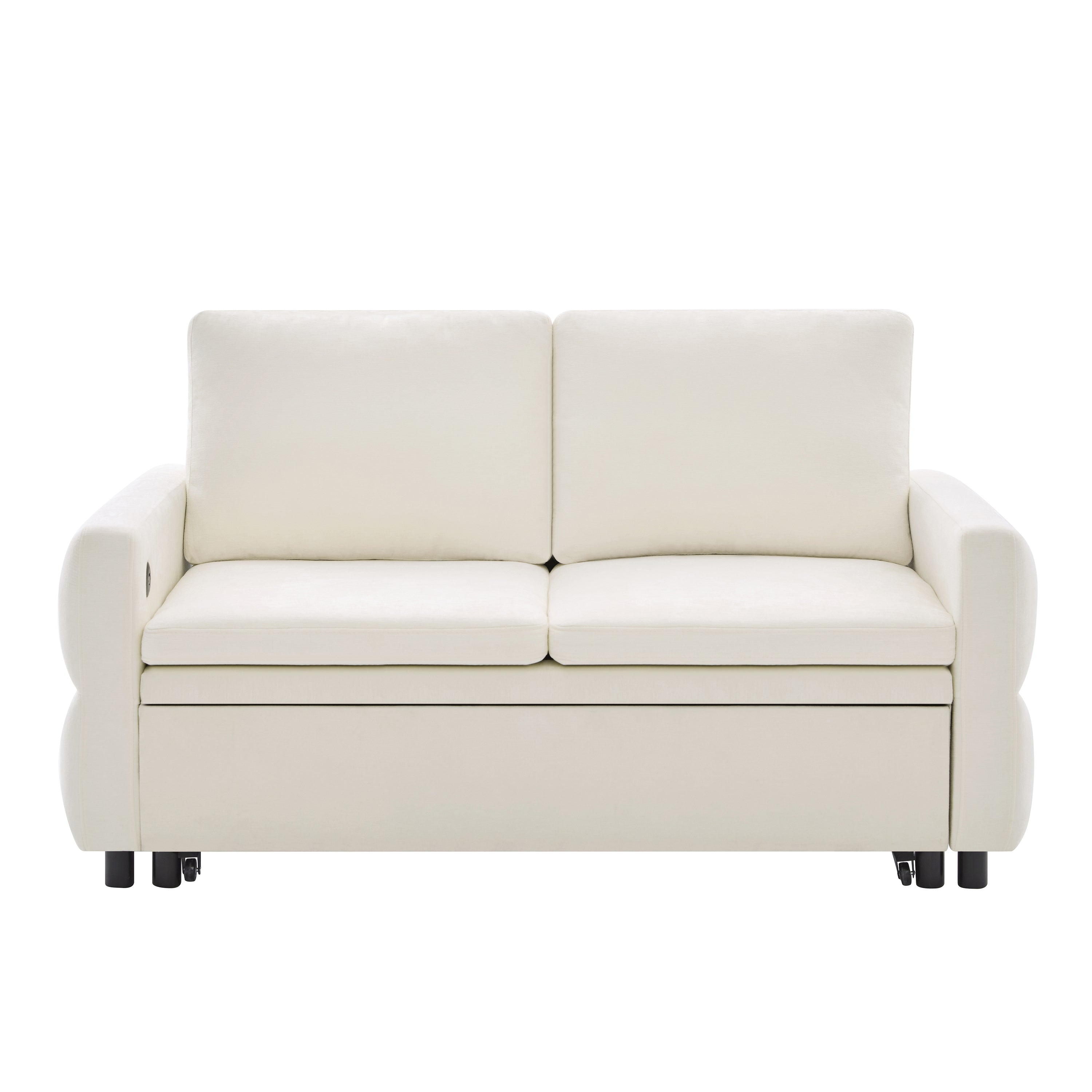 Convertible Sofa Bed 62.75' Loveseat with Adjustable Backrest and USB Ports in Beige Chenille Fabric - Grand Goldman Shop