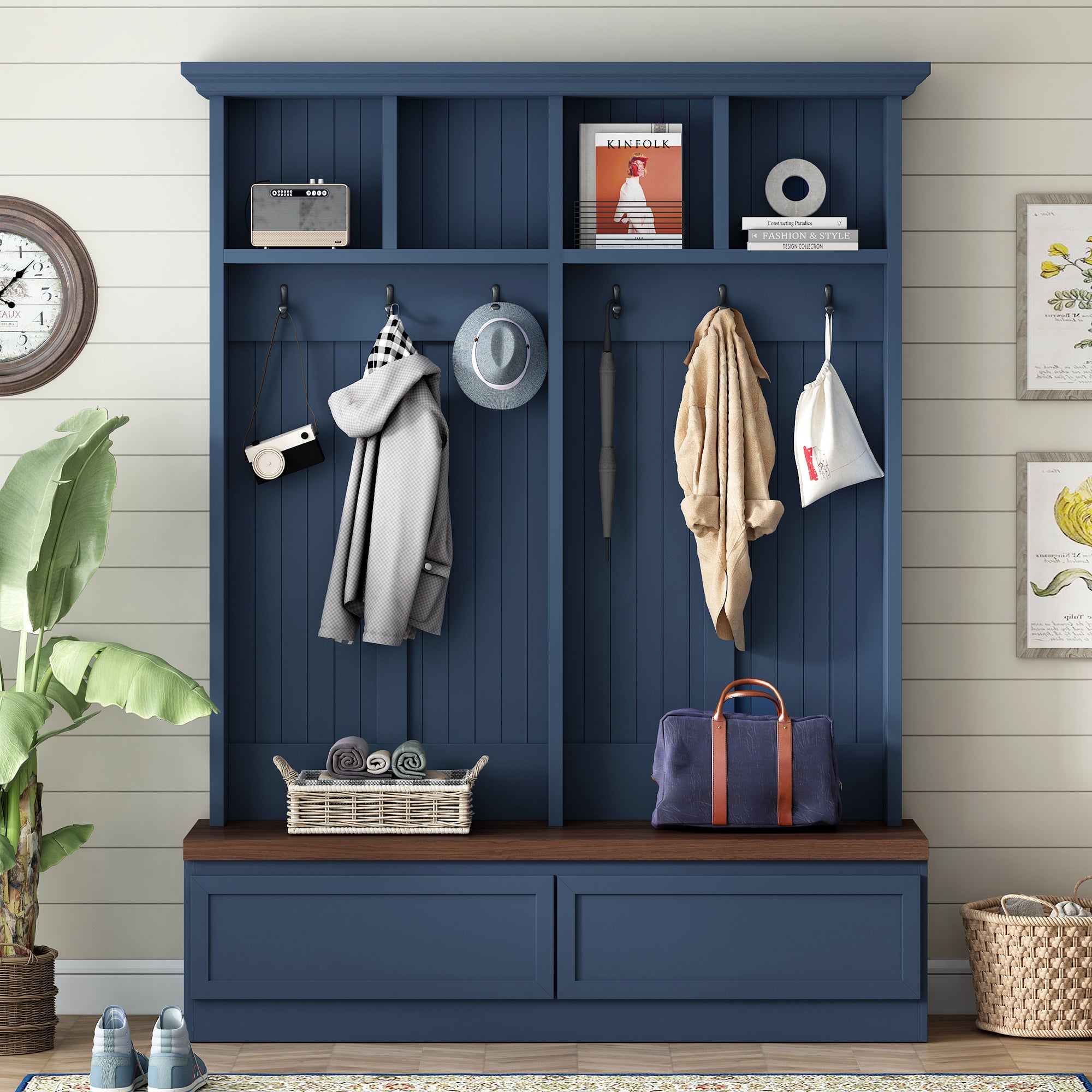 Farmhouse 4-in-1 Hall Tree with Wood Grain Bench, Mudroom Versatile Coat Rack with 2 Large Drawer, Entrance Organizer for Hallway, Living Room, Blue, 55.9'W (OLD SKU: N721P313099C) - Grand Goldman Shop