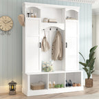 ON-TREND Modern All-in-One Hall Tree with Adjustable Shelves, Classic Arched Farmhouse Storage Bench with Dual Side Cabinets, Elegant Entryway Organizer with 7 Hooks for Mudroom, Hallway, White - Grand Goldman Shop