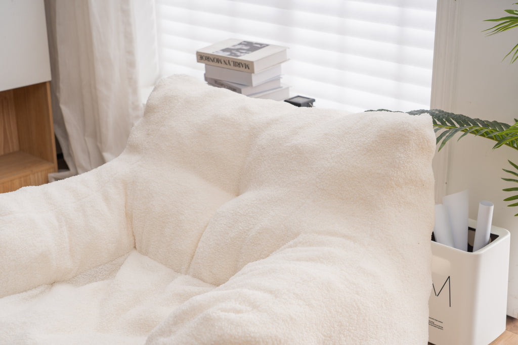 Ivory White Soft Teddy Fabric Tufted Foam Bean Bag Chair with Memory Sponge - Grand Goldman Shop