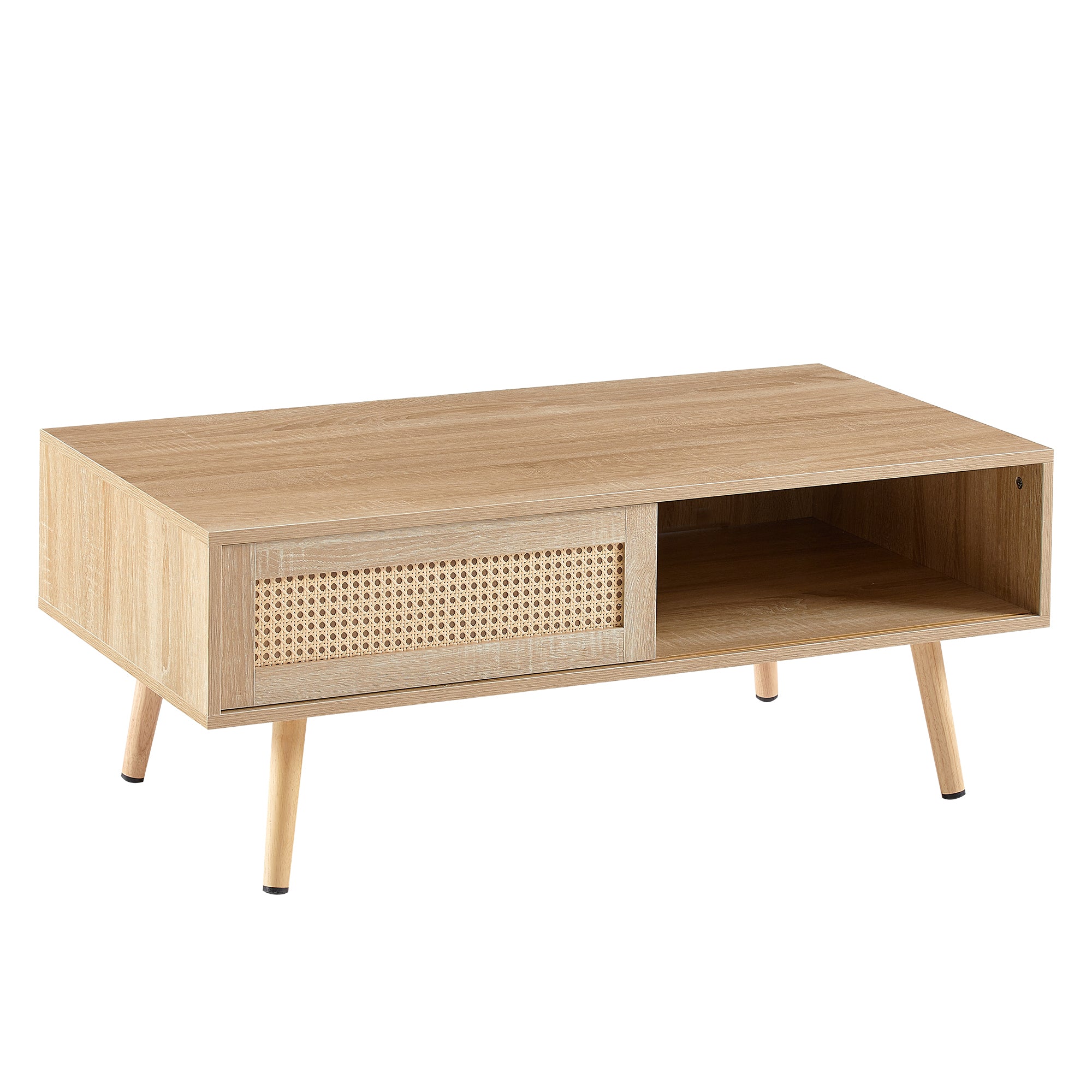 41.34' Rattan Coffee Table, Sliding Door for Storage, Solid Wood Legs, Modern Table for Living Room-Natural - Grand Goldman Shop