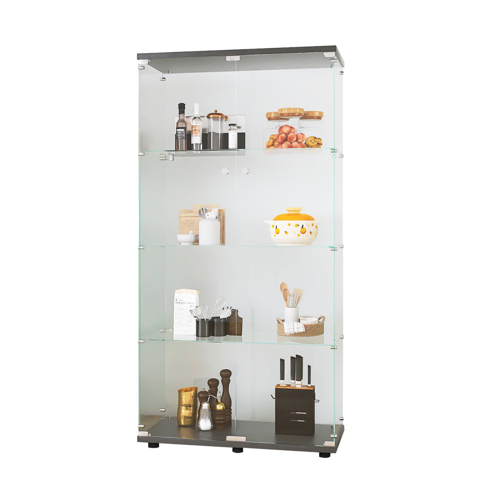 Two-door Glass Display Cabinet 4 Shelves with Door, Floor Standing Curio Bookshelf for Living Room Bedroom Office,  64.7'*31.