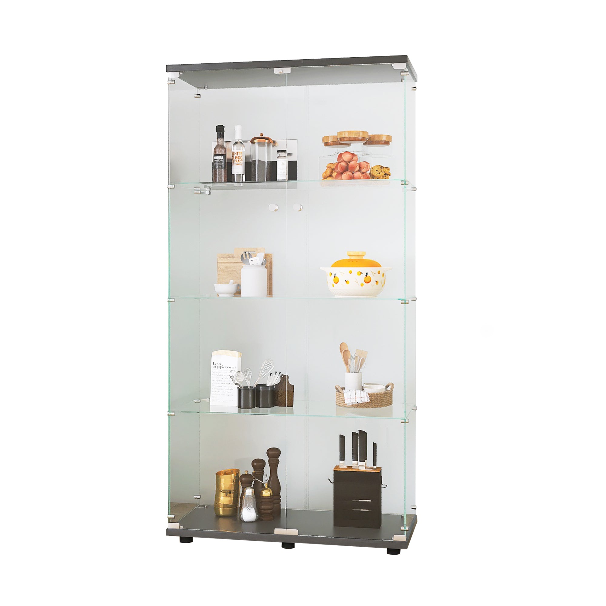 Two-door Glass Display Cabinet 4 Shelves with Door, Floor Standing Curio Bookshelf for Living Room Bedroom Office,  64.7'*31.