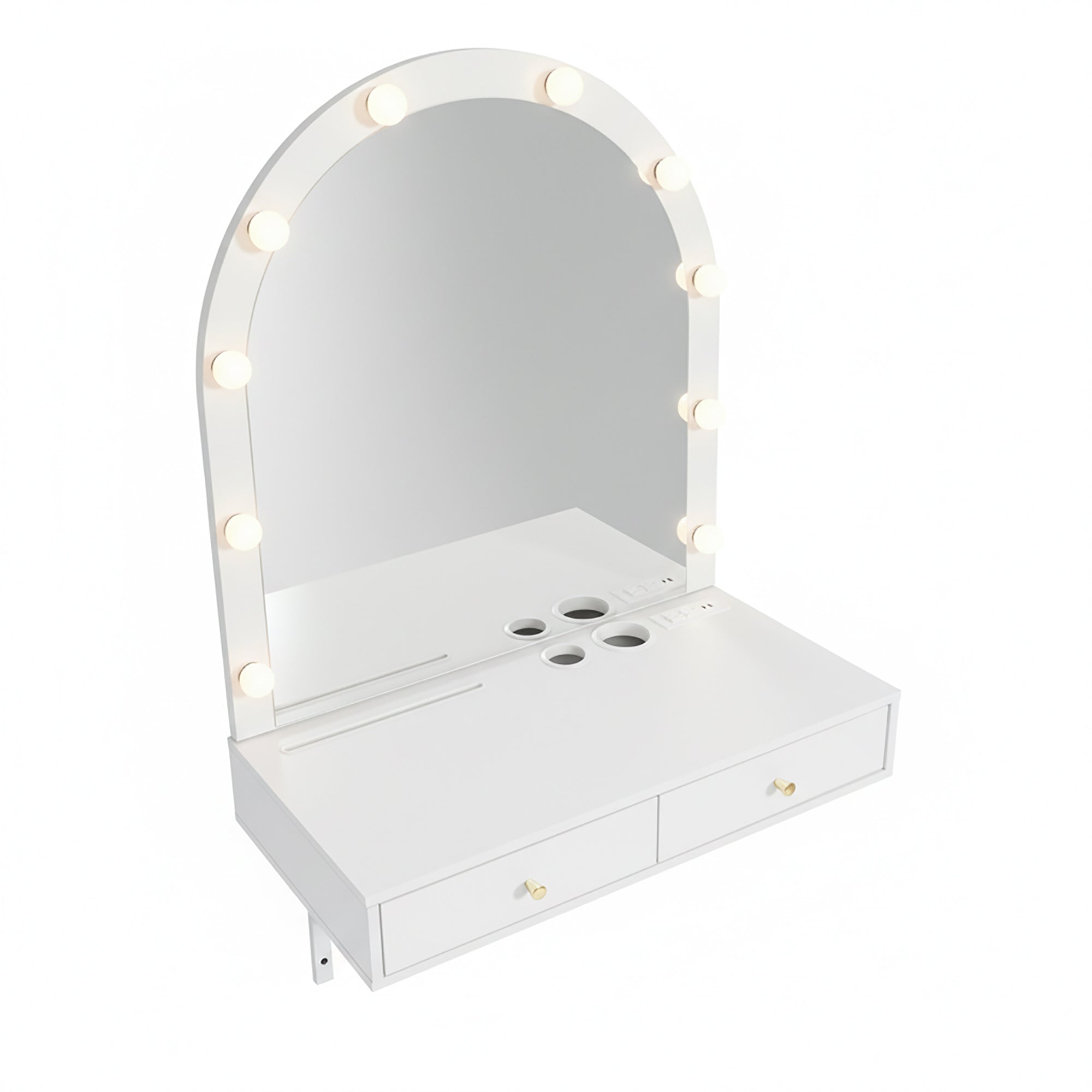 Floating Makeup Vanity Desk with Mirror & 3-Color Lights, Wall Dressing Table with Power Outlet, Compact vanity, Large Storage, White - Grand Goldman Shop