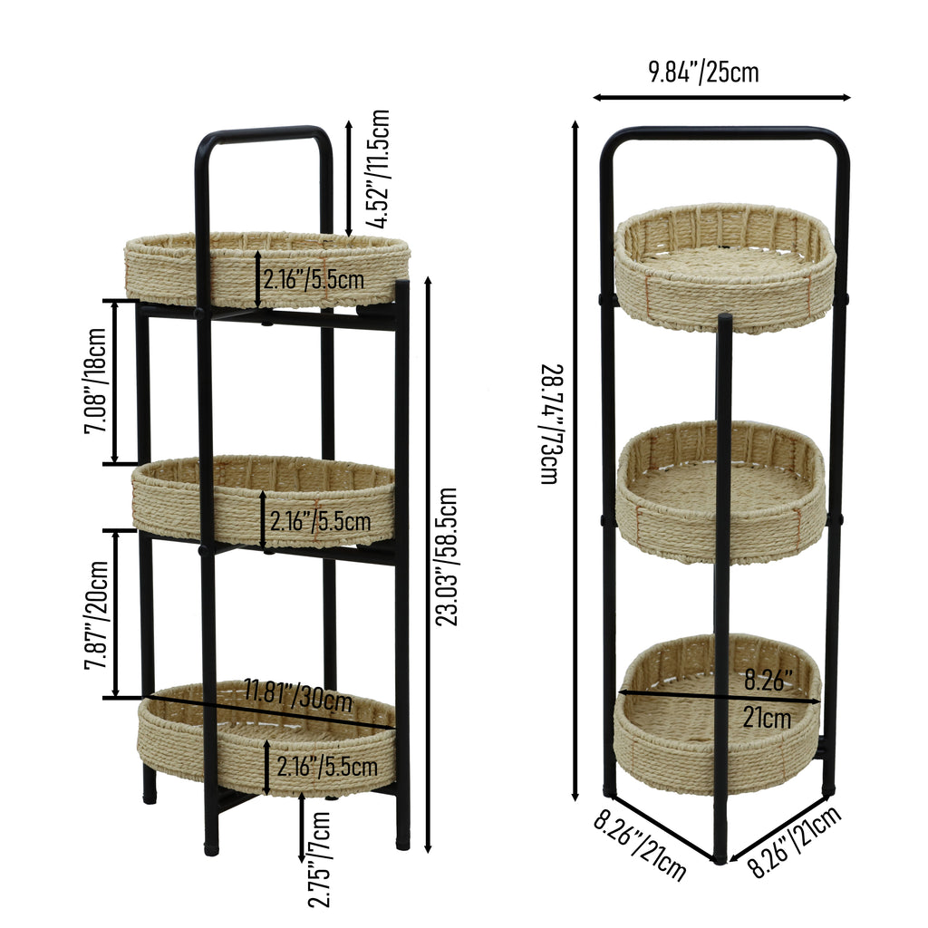 Farmhouse Style 3 Tiers Tray Tables Paper Rope Woven Side Table with Oval Storage Basket in Natural - Grand Goldman Shop