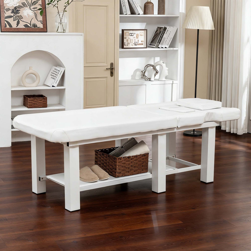 Adjustable Massage Table 0-15° Reclining, High-Resiliency Waterproof Cushion with Detachable Headrest, Bottom Storage, Heavy-