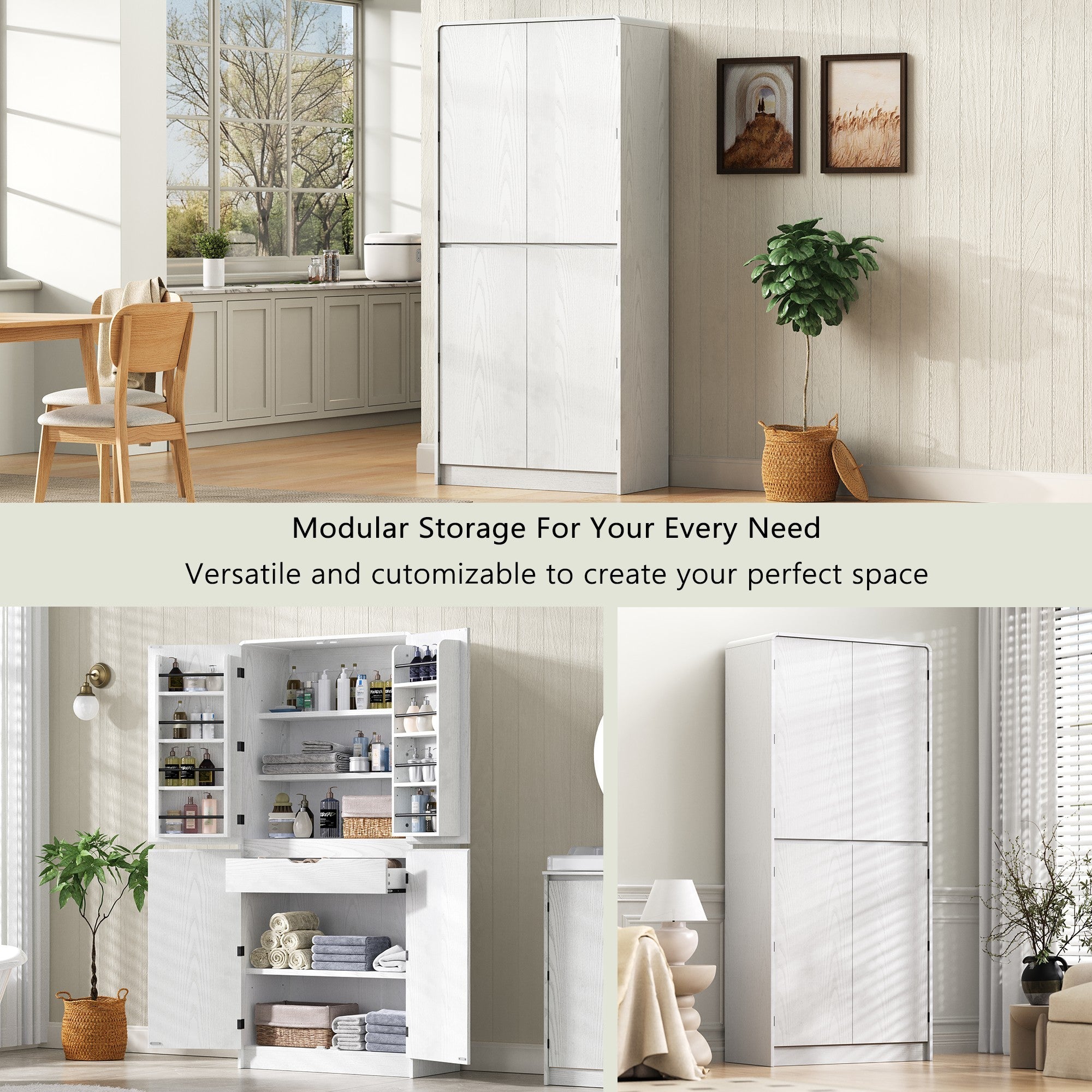 K&K 72' Tall Farmhouse Kitchen Pantry Cabinet with 8 Door Shelves, Curved Design Storage Cabinet with 3 Adjustable Shelves, Hidden Drawer, Versatile Cupboard for Kitchen, Dining & Bathroom, White - Grand Goldman Shop