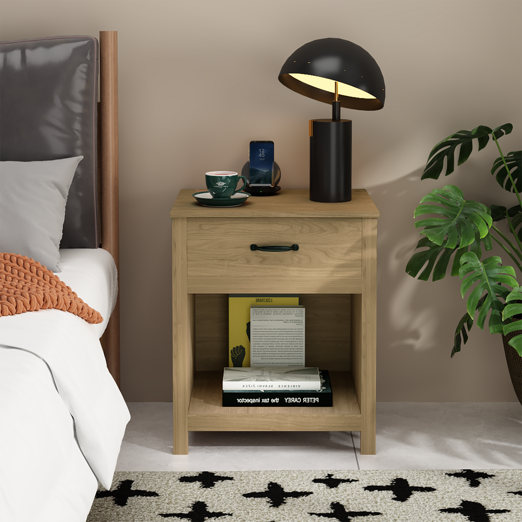Wood Nightstand with Drawer and Open Shelf, Modern Bedside Table with Storage, Wooden End Table for Bedroom, Living Room or Apartment, Natural Finish, Brown - Grand Goldman Shop
