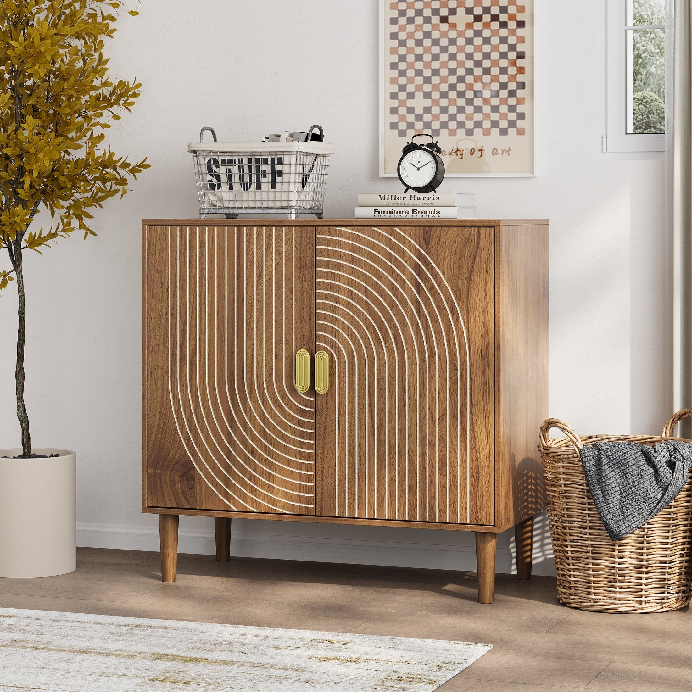 Walnut Wood Buffet Cabinet with Line Groove Design, Multifunctional Storage for Living Room, Entryway, Kitchen - Grand Goldman Shop