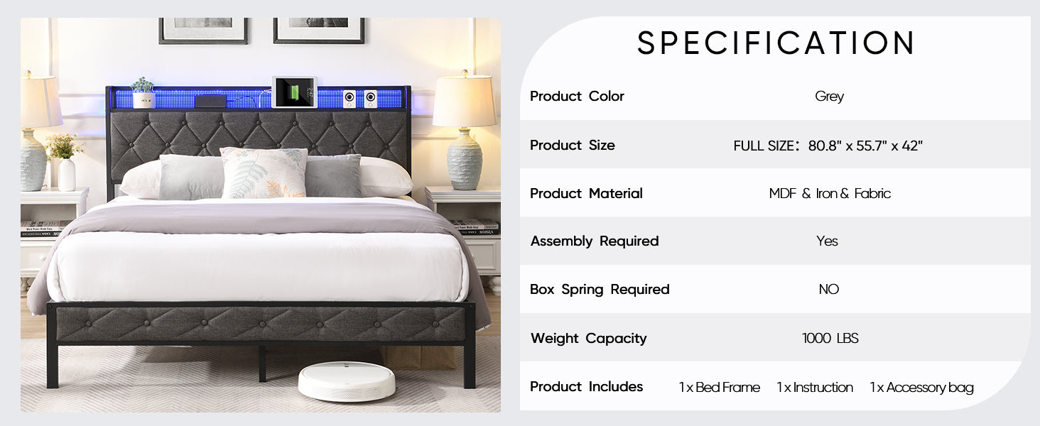 Full Bed Frame with  Storage Headboard, Charging Station and LED Lights, Upholstered Platform Bed with Heavy Metal Slats, No Box Spring Needed, Noise Free, Easy Assembly, Dark Gray - Grand Goldman Shop