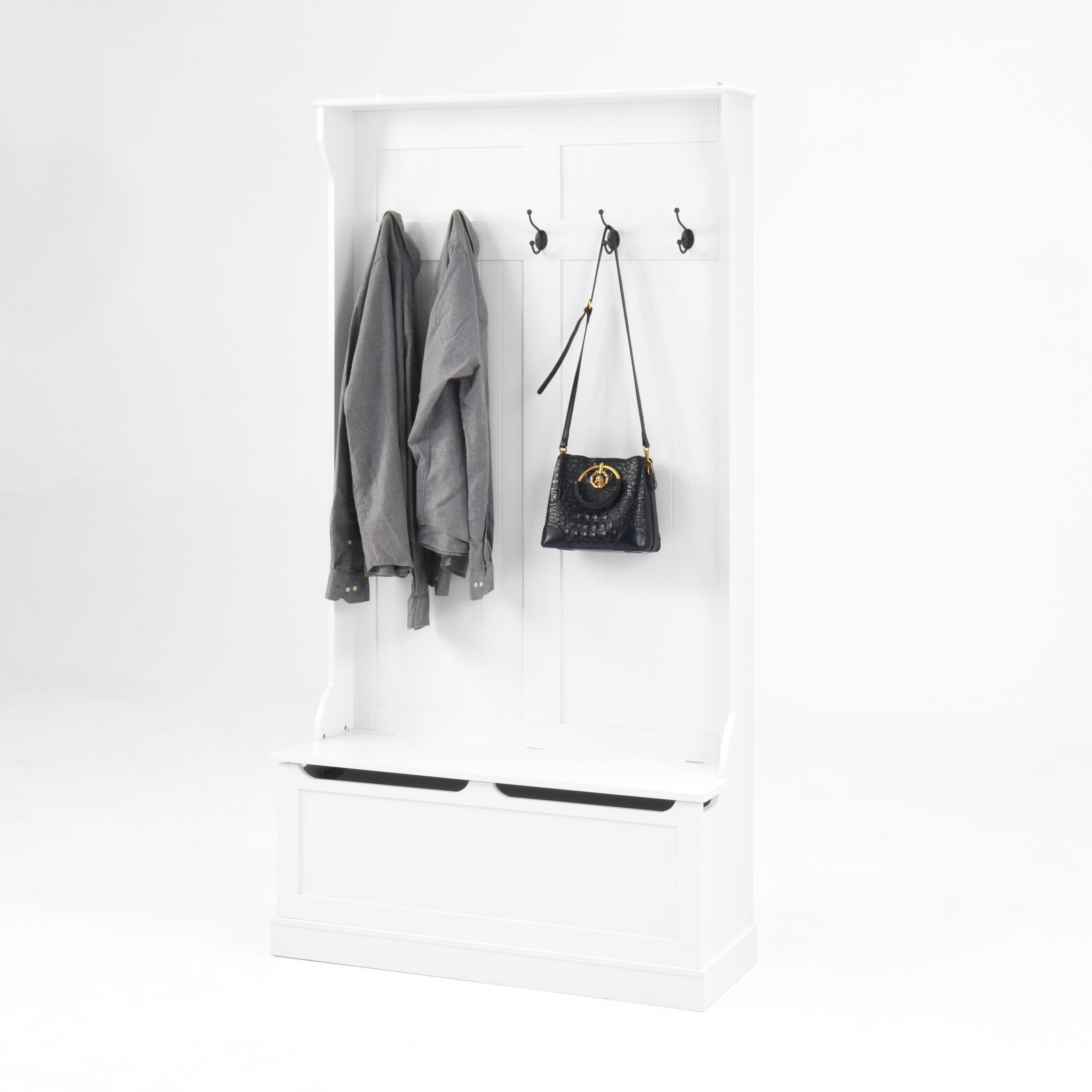 Entryway Bench with Standing Coat Rack, Hall Tree with Shoe Storage Bench, Entryway Organizer with 5 Hooks, White - Grand Goldman Shop