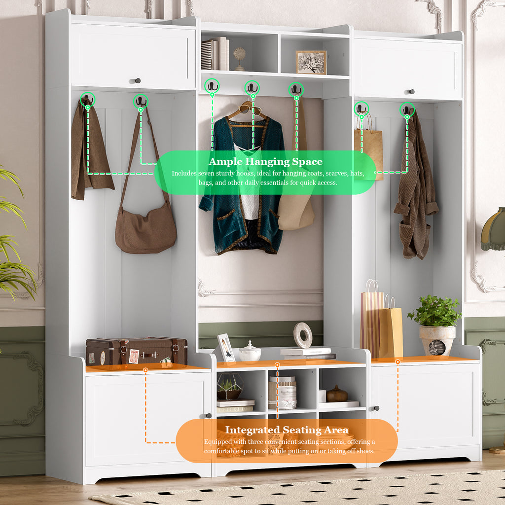 VIBE HAUS 79.1''Wide Modern Hall Tree with Shoe Storage, 4-in-1 Entryway Bench with 8 Cubbies, 7 Coat Hooks & Adjustable Shelf for Hallway, living room, White - Grand Goldman Shop
