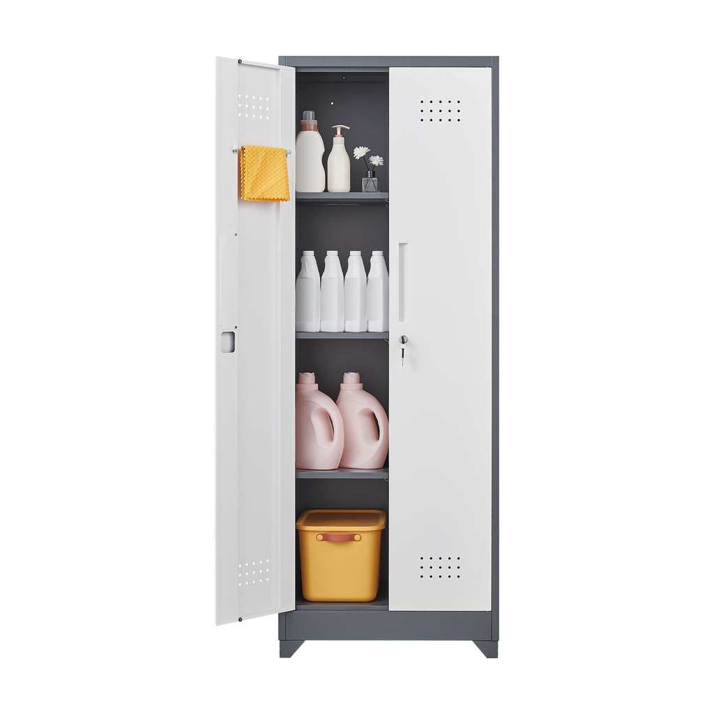 Heavy Duty Grey Metal Storage Cabinet with Locking Doors, Hanging Rod & Shelves, 65' H Broom Closet for Garage or Basement - 